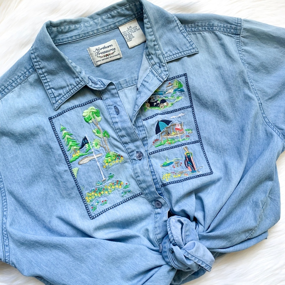 Vintage Embroidered Chambray Short Sleeve Shirt